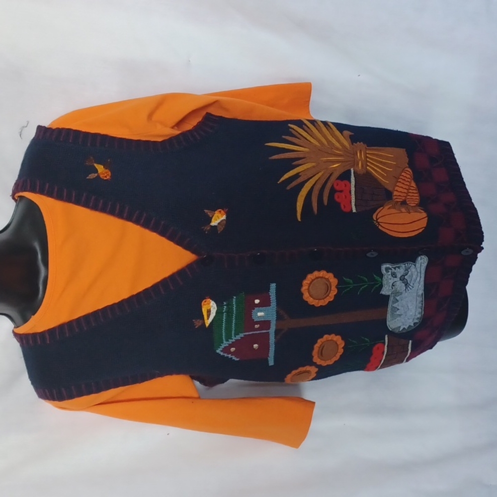 CAPACITY Bird House Daisy Pumpkin Cat Fall Sweater Button Up Vest Sz M Halloween